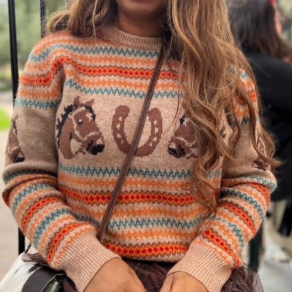 Multicolor Casual Women's Western Horse Graphic Sweater top - Picture 2 of 6